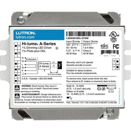 Lutron L3DA4U1UKL-CV240 LEDDriver, Hi-lume Eco System, 4-7/8 in-L, 1PK