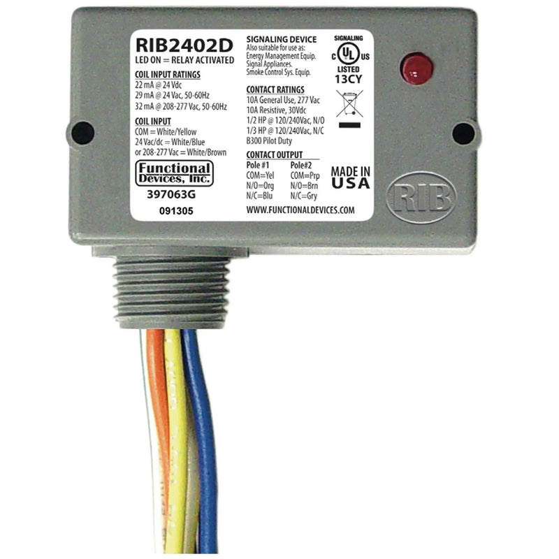 RIB2402D Functional Devices Enclosed Pilot Relay (DPDT) with 24 VAC/DC and 208-277 VAC Coil