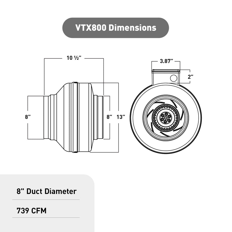 VTX800 Panasonic In-Line Duct Fan, 120V AC, 10 1/2 in Height
