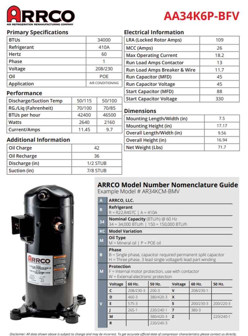 AA34KP-BFV Arrco Compressor - Scroll Compressor