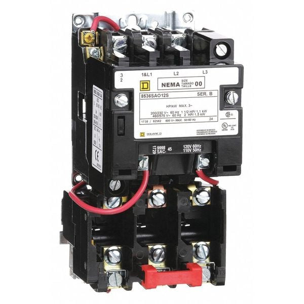 8536SAO12V02S Square D Magnetic Motor Starter, Non-Reversing, 3 Poles, 120V AC