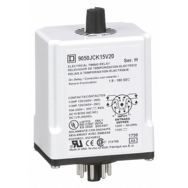 9050JCK15V20 Schneider Electric Time Delay Relay, On Delay, DPDT, 110V AC