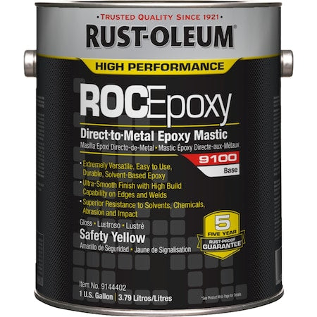 Rust-Oleum 9144402 Epoxy Mastic Coating Base, Safety Yellow, Semi-Gloss, 1 gal, 125 to 225 sq ft/gal, 9100 Series