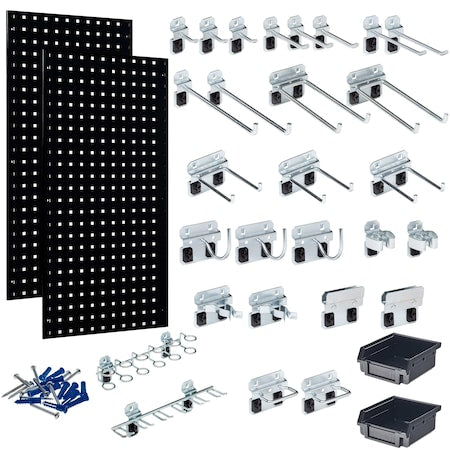 Triton Products LB18-BKKit (2) 18 In. W x 36 In. H Black Steel Square Hole Pegboards 30 pc. LocHook Assortment & Hanging Bin