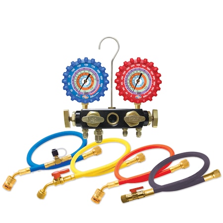 Uniweld Q4N85SMEZ Manifold, 4 Valve, 5 ft., EZ Turn Hose Set