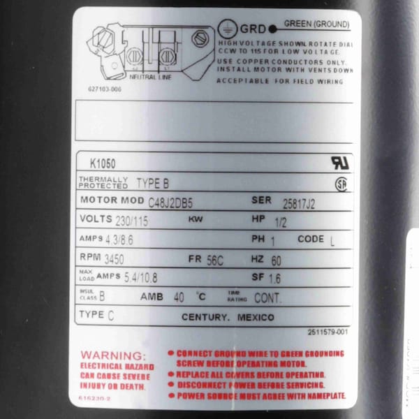 K1050 Century 1/2 HP 115/230V 3450 RPM motor