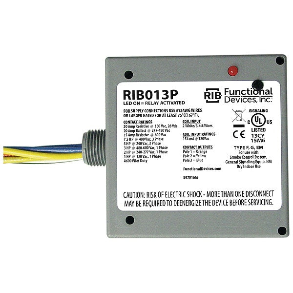 RIB013P Functional Devices-Rib Enclosed pre-wired relay, 3PST-NO, 120V AC 20A