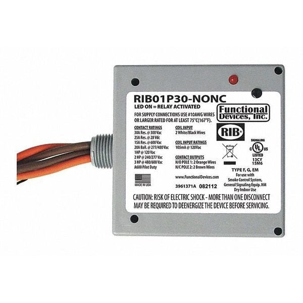 RIB01P30-NONC Functional Devices-Rib Enclosed Relay, 30A DPST-N/O/N/C, 120 Vac Coil