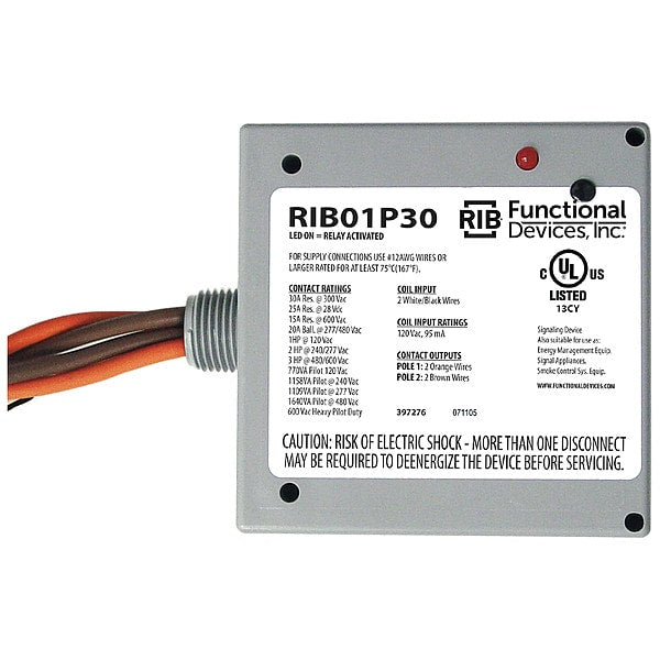 RIB01P30 Functional Devices-Rib Enclosed Pre-Wired DPST Relay, 120V AC, 30A at 300V