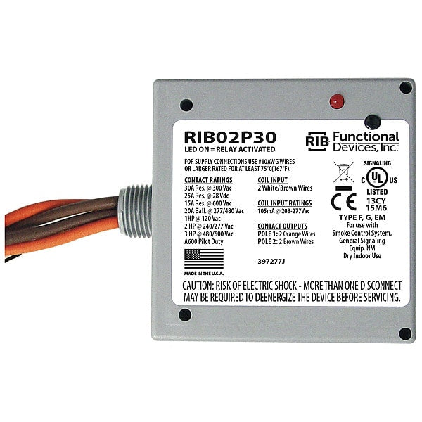 RIB02P30 Functional Devices-Rib Pre-Wired Enclosed Relay, DPST-NO, 30 A