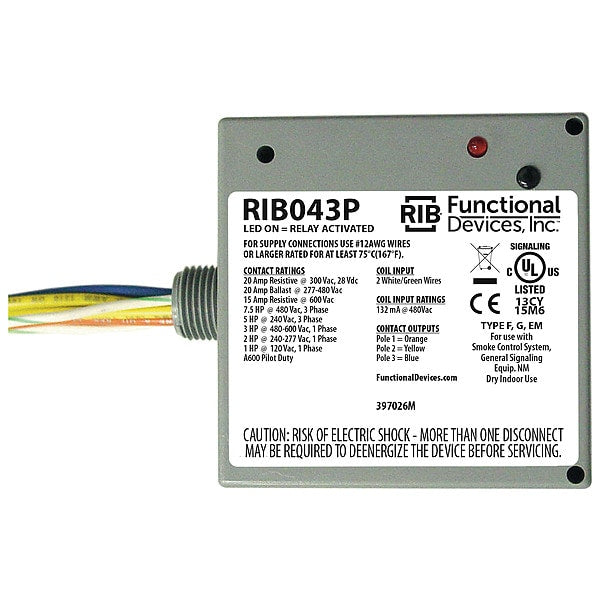 RIB043P Functional Devices-Rib Enclosed pre-wired relay, 3PST-NO, 480V AC coil, 20A
