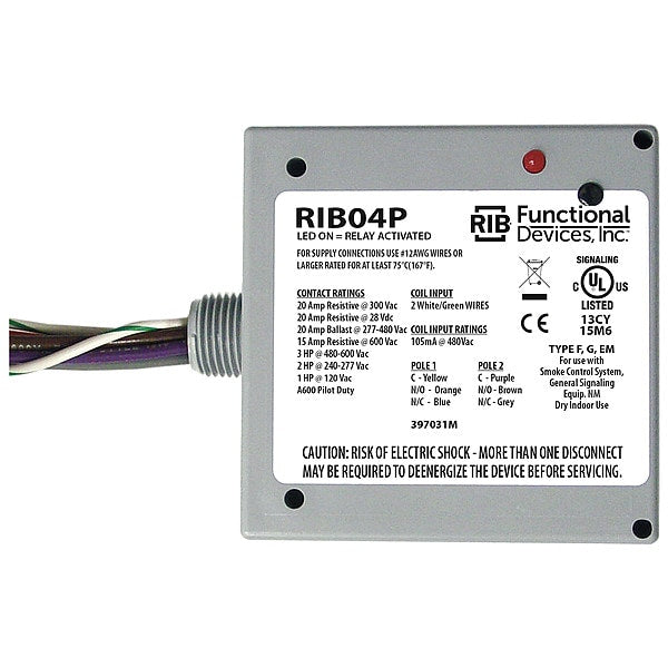 RIB04P Functional Devices-Rib Enclosed Pre-Wired Relay DPDT, 480V AC coil, 20A