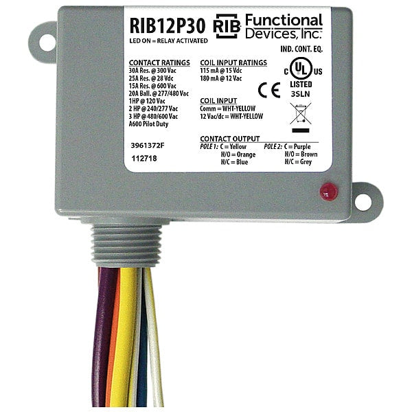 RIB12P30 Functional Devices-Rib Enclosed Pre-Wired Relay DPDT (30 A)