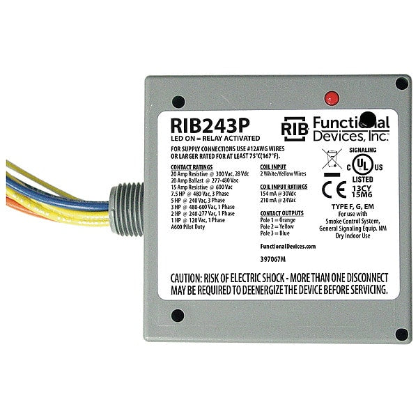 RIB243P Functional Devices-Rib 3PST NO enclosed pre-wired relay for 24V AC/DC