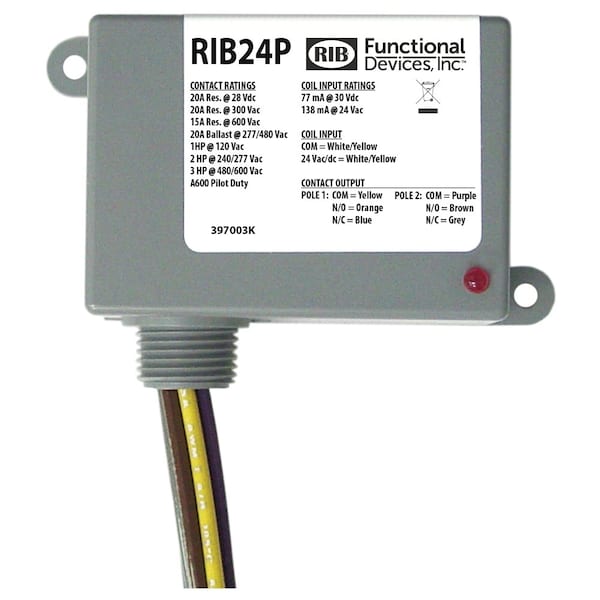 RIB24P Functional Devices Enclosed Relay DPDT, 24V coil, 20A rating