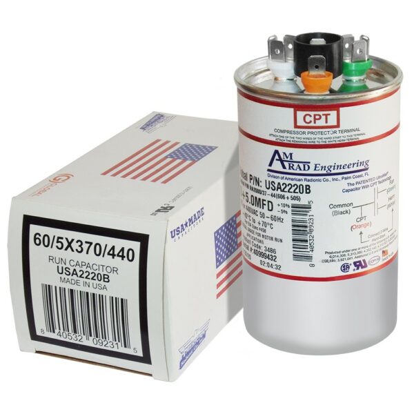 USA2220B American Radionic Round run capacitor 60/5 MFD 370/440 VAC