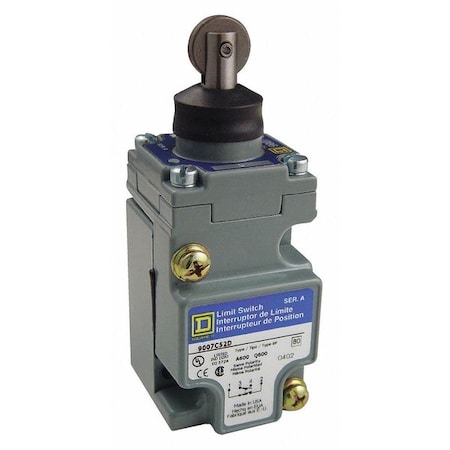 Telemecanique Sensors 9007C52D Heavy Duty Limit Switch, Plunger, Roller, 1NC/1NO, 10A at 600V AC, Actuator Location: Top