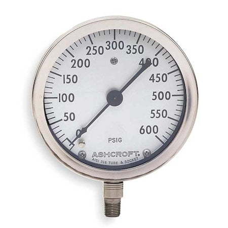 Ashcroft 45-1009A 02L 600 PSI Industrial Pressure Gauge, 0 to 600 psi, 4 1/2 in Dial, 1/4 in NPT, Bottom Location