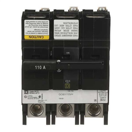 Square D QOB3110VH Miniature Circuit Breaker, QO Series, 110A, 3 Pole, 120/240V AC, 22kA at 120/240V AC