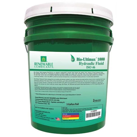 Renewable Lubricants 81014 5 gal Pail, Hydraulic Oil, 46 ISO Viscosity, Not Specified SAE