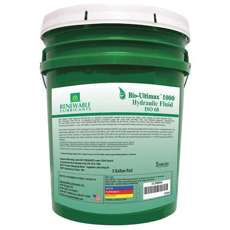 Renewable Lubricants 81024 5 gal Pail, Hydraulic Oil, 68 ISO Viscosity, Not Specified SAE
