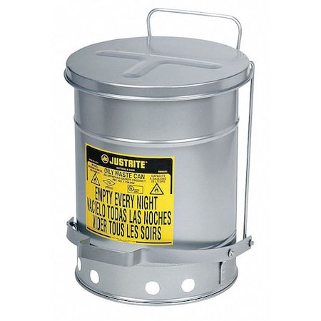 Justrite 09704 Oily Waste Can, 21 gal, Gray, Steel, 23 7/16 in Height, Sound Dampening Foot Operated Self-Closing