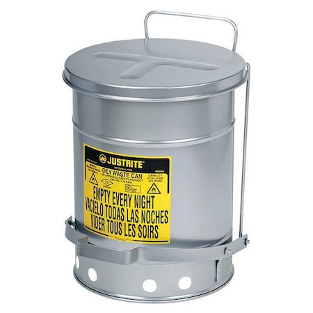 Justrite 09504 Oily Waste Can, 14 gal, Gray, Steel, 20 1/4 in Height, Sound Dampening Foot Operated Self-Closing