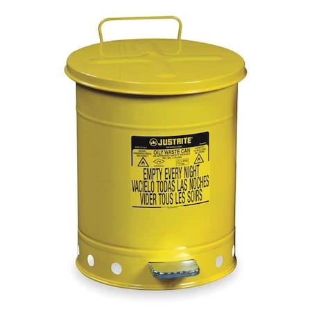 Justrite 09501 Oily Waste Can, 14 gal, Yellow, Steel, 20 1/4 in Height, Foot Operated Self-Closing