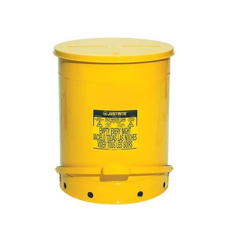 Justrite 09701 Oily Waste Can, 21 gal, Yellow, Steel, 23 7/16 in Height, Foot Operated Self-Closing