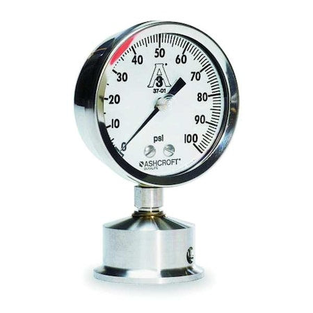 Ashcroft 35-1032S-20L-100 Pressure Gauge, 0 to 100 psi, 2 1/2 in Dial, 2 in Tri-Clamp, Bottom Location