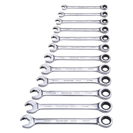 Westward 20PH18 Combination Ratcheting Wrench Set, Alloy Steel, 12 Tools