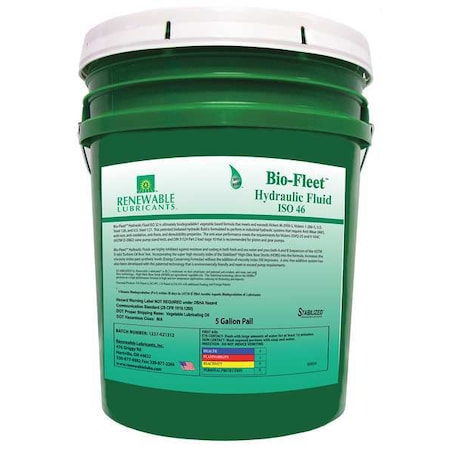 Renewable Lubricants 80834 5 gal Pail, Hydraulic Oil, 46 ISO Viscosity, Not Specified SAE