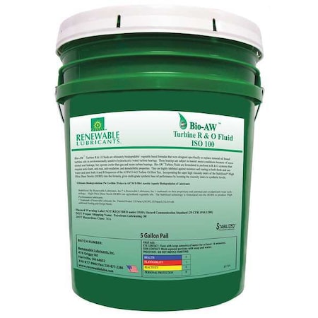 Renewable Lubricants 81734 5 gal Pail, R&O Oil, 100 ISO Viscosity, Not Specified SAE