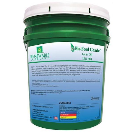 Renewable Lubricants 87284 5 gal Gear Oil Pail 100 ISO Viscosity, Not Specified SAE, Yellow
