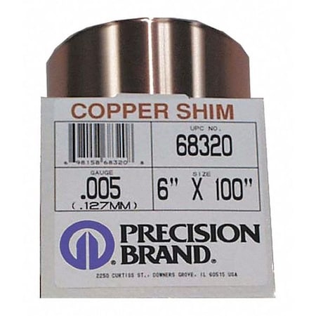 Precision Brand 68450 Shim Stock, Roll, Copper, 0.0100 In, 6 In