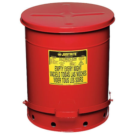 Justrite 09508 Oily Waste Can, 14 gal, Red, Steel, 20 1/4 in Height, Sound Dampening Foot Operated Self-Closing