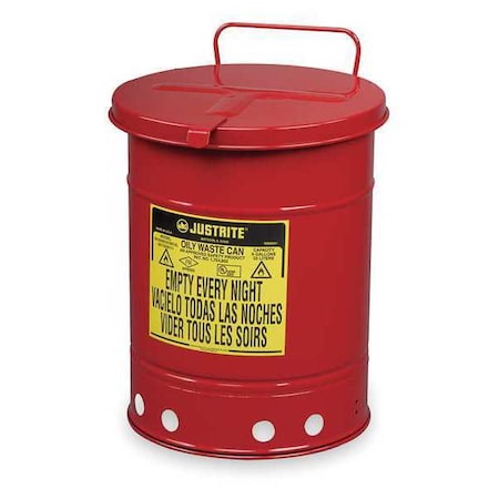 Justrite 09710 Oily Waste Can, 21 gal, Red, Steel, 23 7/16 in Height, Hand Operated Self-Closing