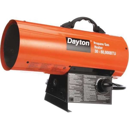 DAYTON 3VE54 Portable Gas Torpedo Heater, Liquid Propane, Continuous Spark, 8 1/8 in Wx 19 5/16 in L