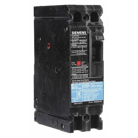 Siemens ED42B020 Molded Case Circuit Breaker, ED4 Series, 20A, 2 Pole, 480V AC, 18kA at 480V AC