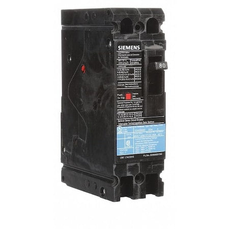 Siemens ED42B080 Molded Case Circuit Breaker, ED4 Series, 80A, 2 Pole, 480V AC, 18kA at 480V AC