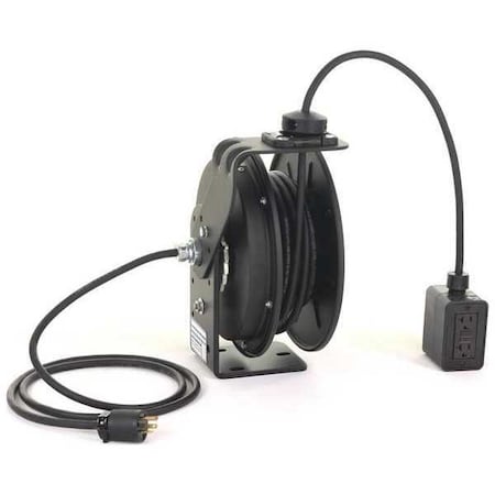 KH Industries RTBB3LB-1GB520-J12K Cord Reel With Hand Lamp, Spring Retracted, NEMA 5-20R, 12 AWG, Black Reel Color, 50 ft