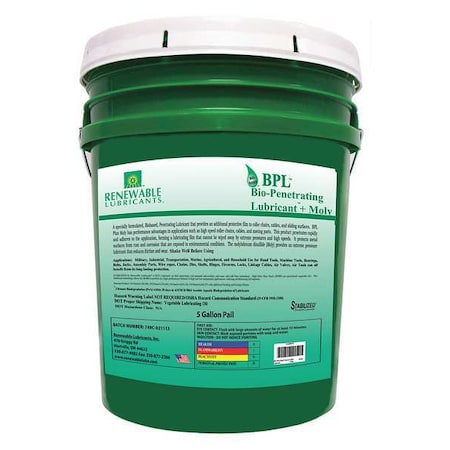 Renewable Lubricants 80104 General Purpose Lubricant, 5 gal, Pail, Vegetable Oil Base, 294 Degrees F Max Op Temp, Black, BPL