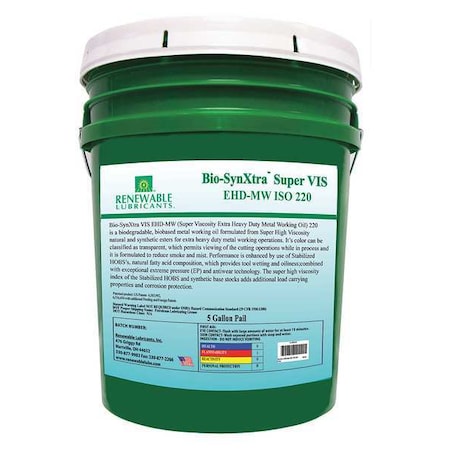 Renewable Lubricants 88184 Cutting Oil, Bio-SynXtra, 5 gal, Pail, Yellow