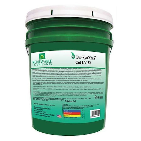 Renewable Lubricants 86854 Cutting Oil, Bio-SynXtra, 5 gal, Pail, Light Yellow