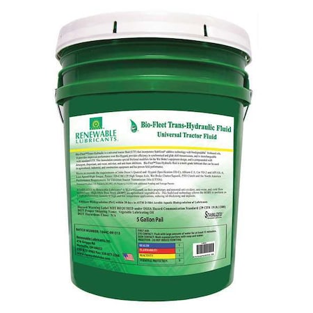 Renewable Lubricants 81204 5 gal Pail, Hydraulic Oil, 46 ISO Viscosity, 30 SAE