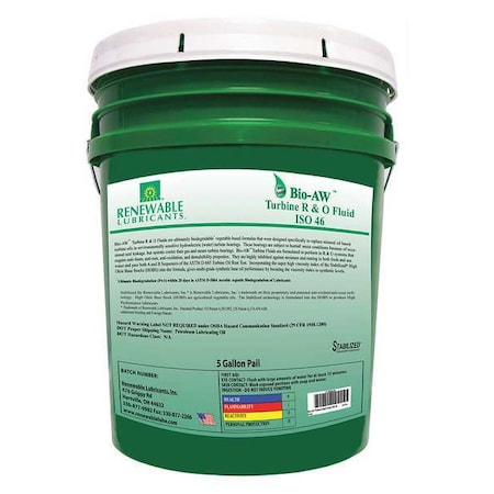 Renewable Lubricants 81714 5 gal Pail, R&O Oil, 46 ISO Viscosity, Not Specified SAE