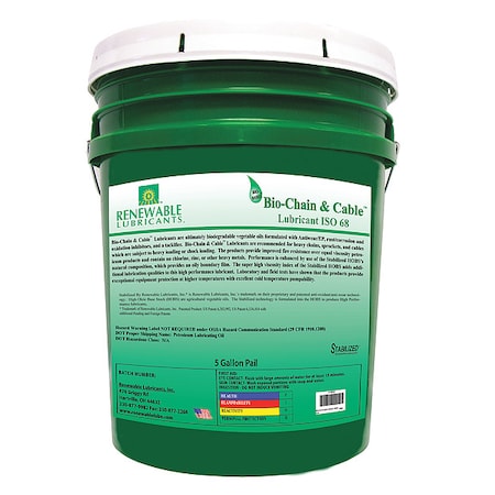 Renewable Lubricants 83064 Chain & Wire Rope Lubricant, 5 gal, Pail, Vegetable Oil Base, 503 Degrees F Max Op Temp, Yellow