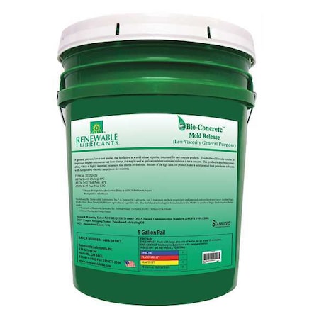 Renewable Lubricants 86414 Mold Release, Biodegradable, 5 gal.