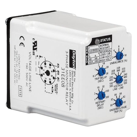 DAYTON PMPU-B18 Phase Monitor Relay, 8 Pins, 190-500V AC