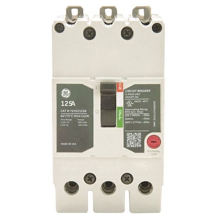 Ge TEYD3040B Molded Case Circuit Breaker, TEYD Series, 40A, 3 Pole, 277/480V AC, 25kA at 277/480V AC